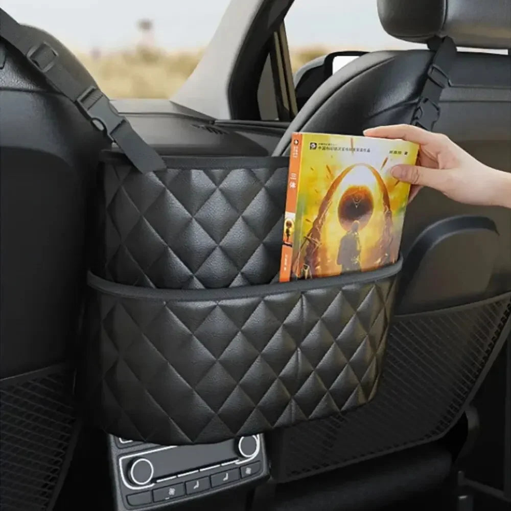 Large Capacity Car Middle Seat Storage Net - Leather Hanging Bag & Seat Back Organizer