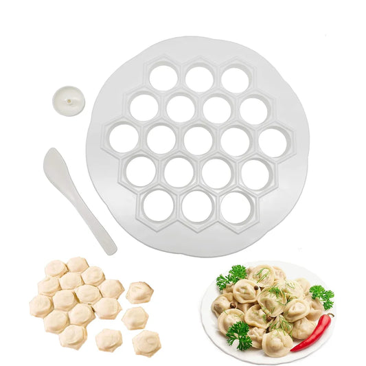 19-Hole Ravioli Maker Mold - BPA Free Plastic Pelmeni & Pierogi Dumpling Press with Stuffing Spoon for Easy Kitchen Prep