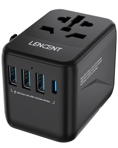 LENCENT Universal Travel Adapter with 3 USB Ports & Type-C PD Charging - EU/UK/USA/AUS Plug, All-in-One Travel Charger