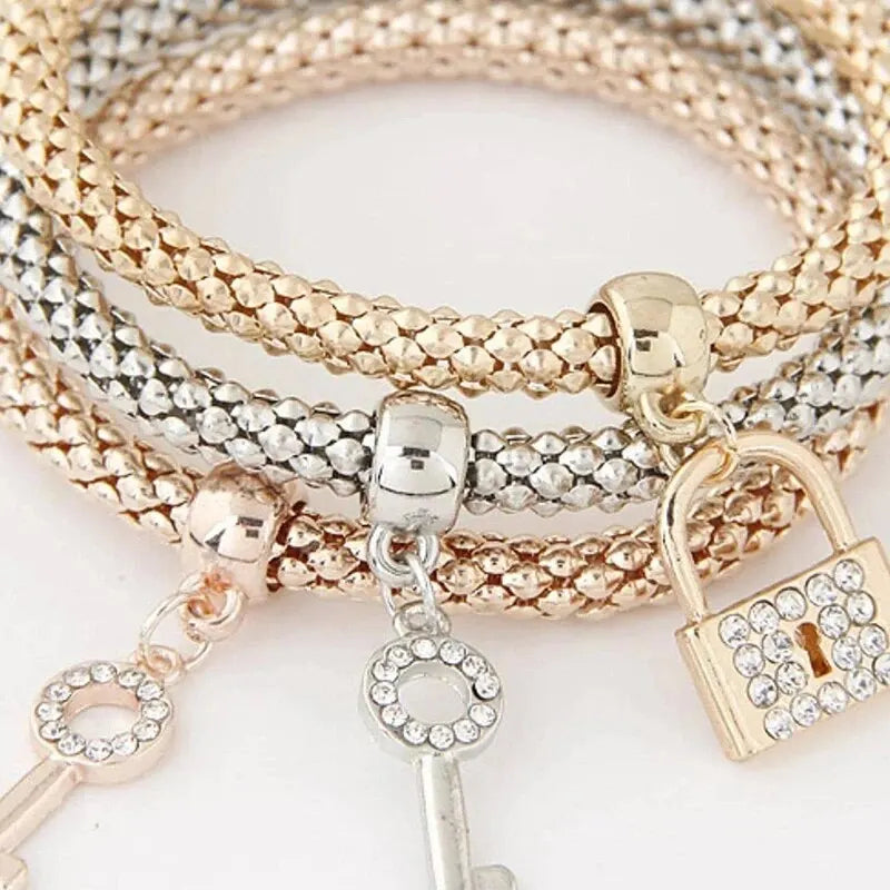 3PCS Women’s Charm Bracelet Set – Heart Lock, Key, Music & Owl Rose Gold & Silver Chain Bangles Jewelry