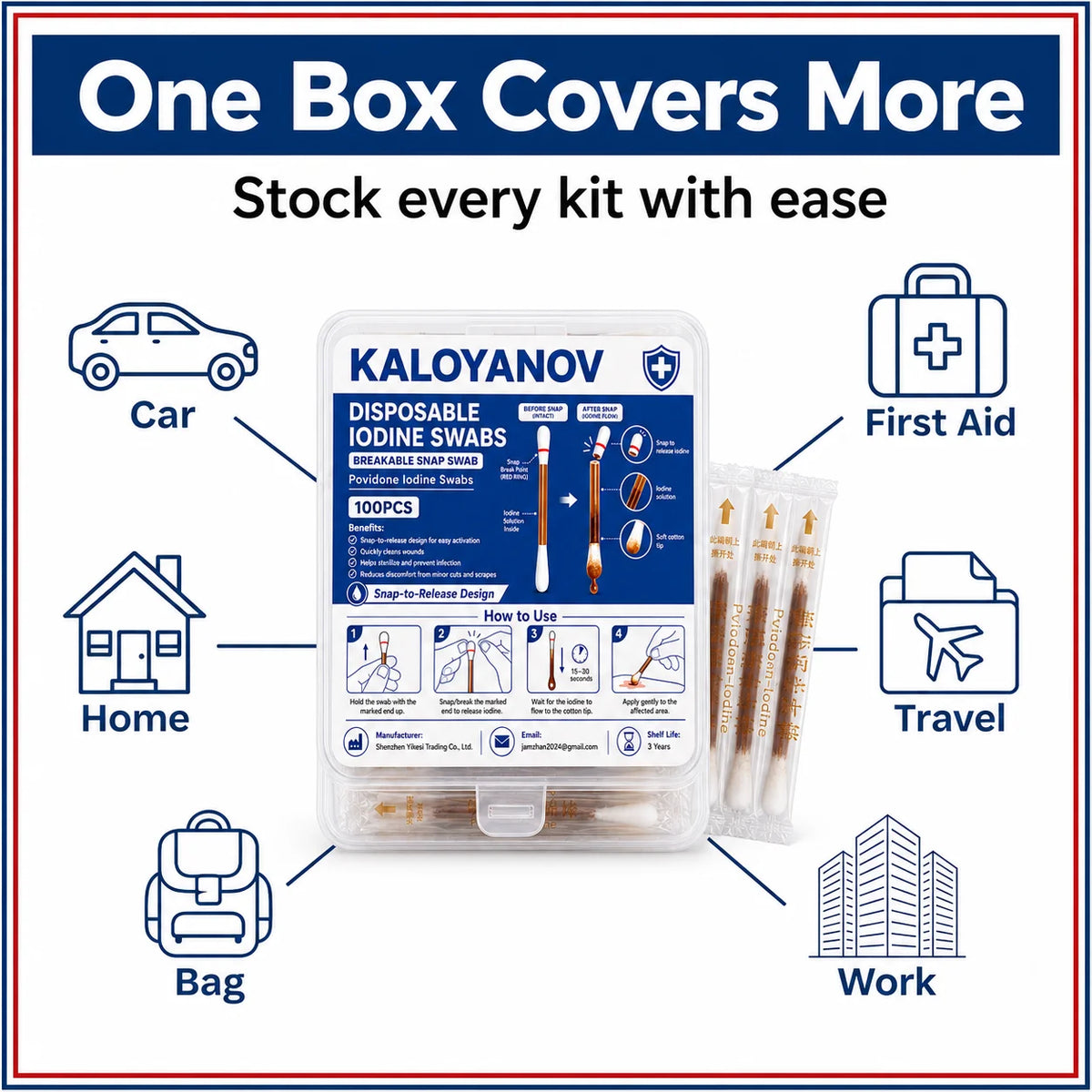 10% Povidone-Iodine Antiseptic Swabs – Extra-Strength Cotton Sticks for Wound Care and First Aid