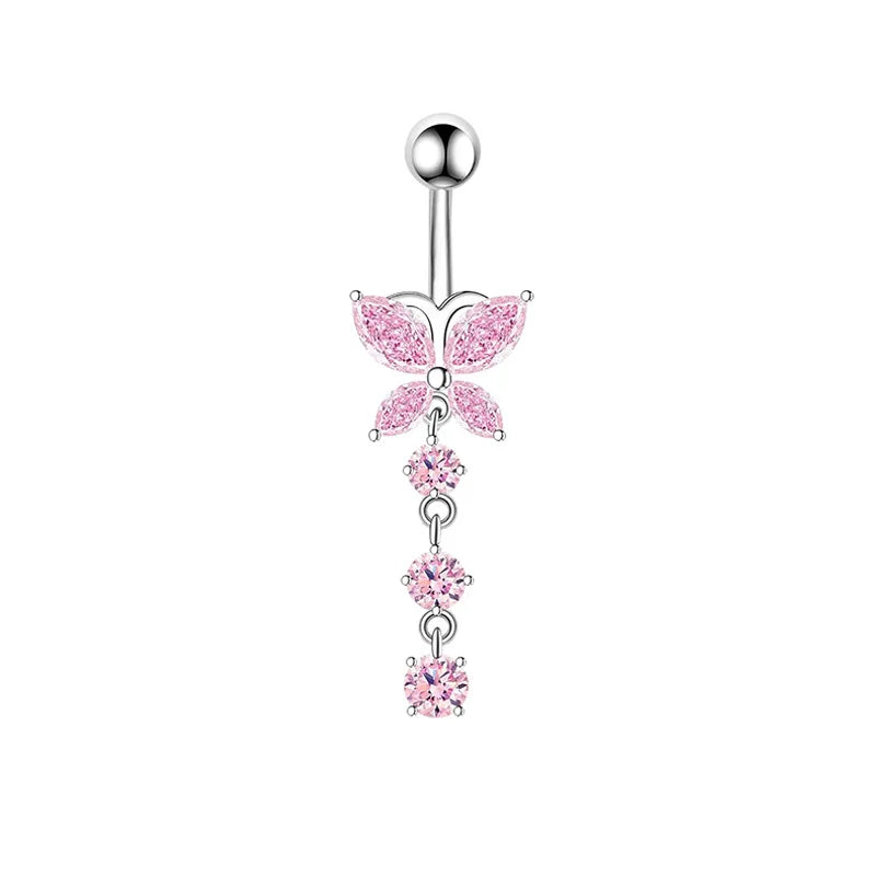 Pink Crown Belly Button Ring – Stainless Steel Heart Navel Piercing Barbell with Crystal for Women & Girls