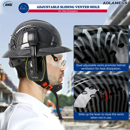 CE Full Brim Safety Helmet - HDPE Construction Hard Hat with Built-In Goggles & Earmuffs