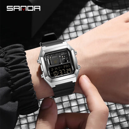 SANDA 6216 Men's Digital Sport Watch - Square LED Display, Waterproof Alarm & Stopwatch