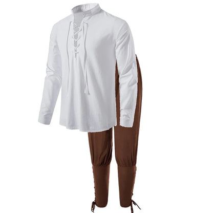Men's Medieval Knight Costume Set – Renaissance Pirate Shirt & Ankle Pants Halloween Cosplay in Cotton Linen