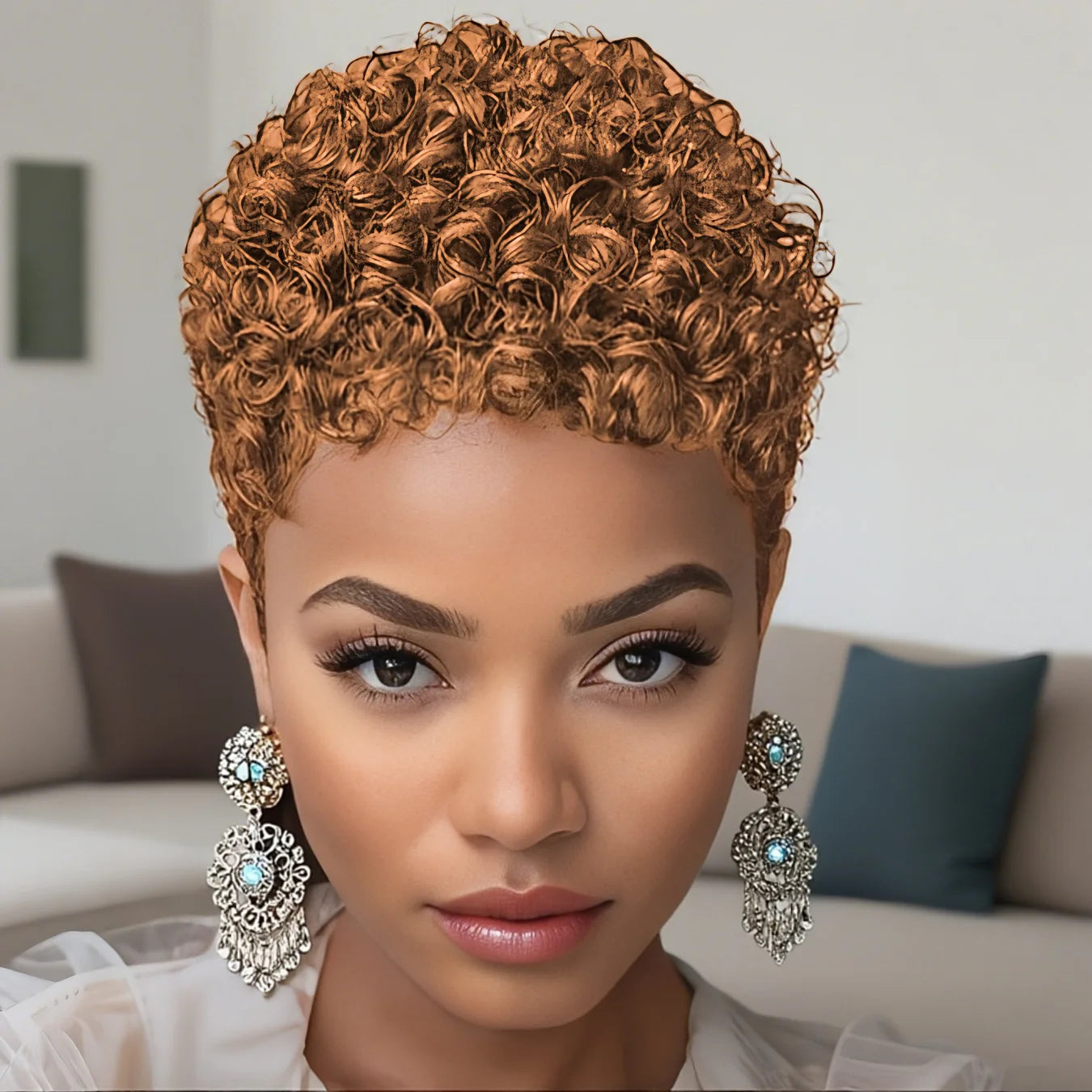 Short Afro Kinky Curly Human Hair Wig - Pixie Cut Full Machine-Made Wig for Women