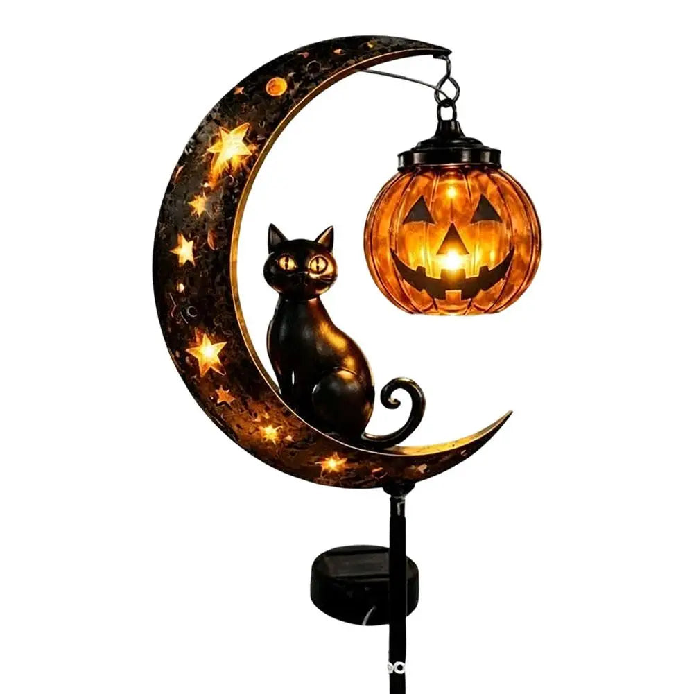 Halloween Garden Stake Light - Black Cat & Pumpkin Moon Outdoor Waterproof Metal Decor