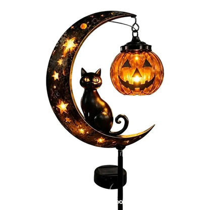 Halloween Garden Stake Light - Black Cat & Pumpkin Moon Outdoor Waterproof Metal Decor