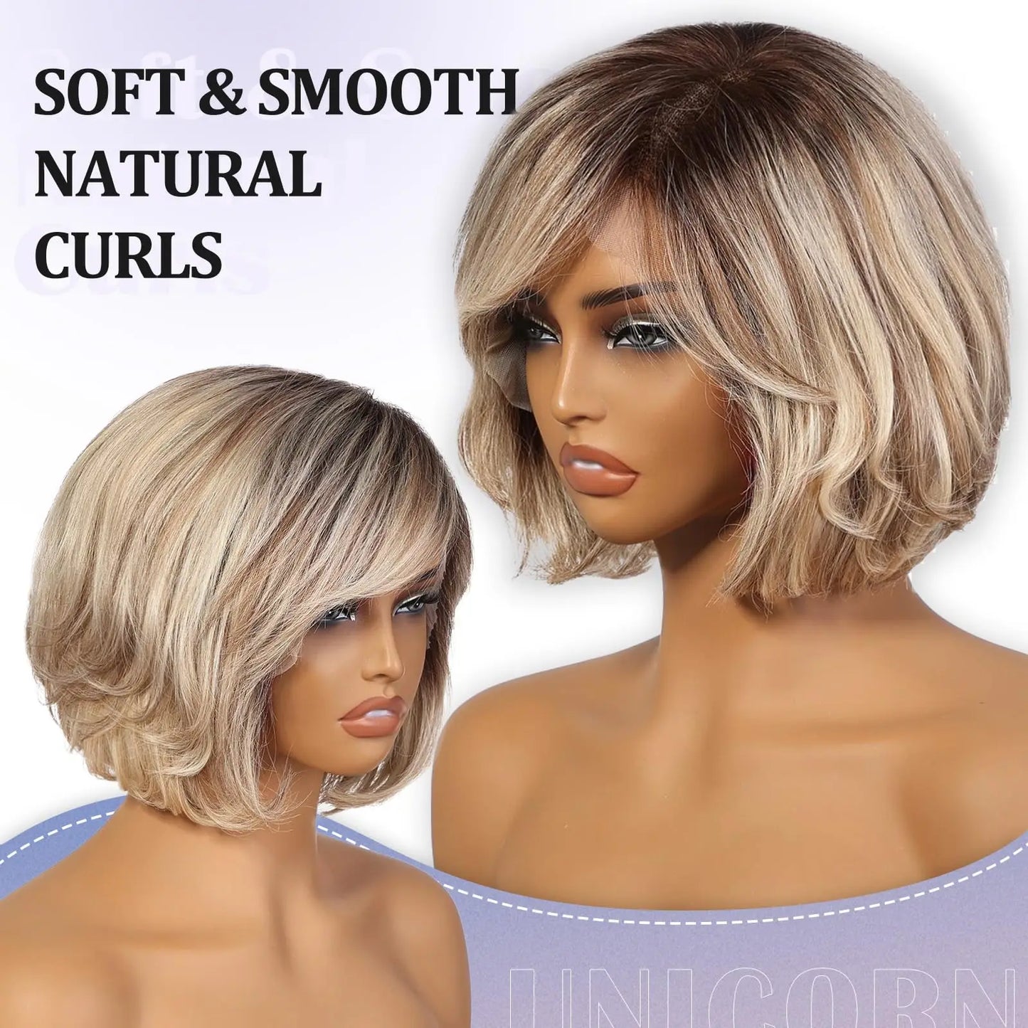 100% Remy Human Hair Transparent Lace Frontal Wig – Short Wavy Ash Brown Ombre Pixie Cut for White Women