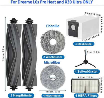 Dreame Robot Vacuum Accessories - Replacement Main Brush, Side Brush, Filter, Mop & Dust Bag for L10s Pro Ultra X30 Series