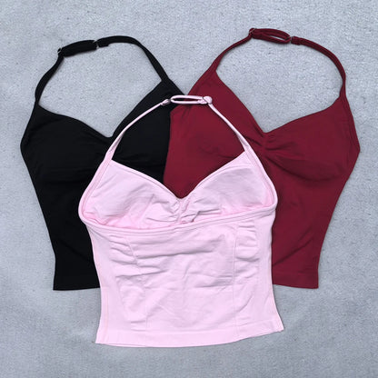 Women’s Adjustable Strappy Sports Top Open Back Gym Yoga Crop Top with Built-in Fastener Fitness Workout Wear