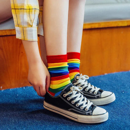 Rainbow Striped Women’s Socks — Elastic Long Sporty Retro Harajuku Meias, New Arrival