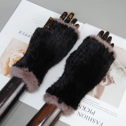 Women’s Winter Mink Fur Gloves – 100% Natural Fingerless Knitted Mittens for Warmth
