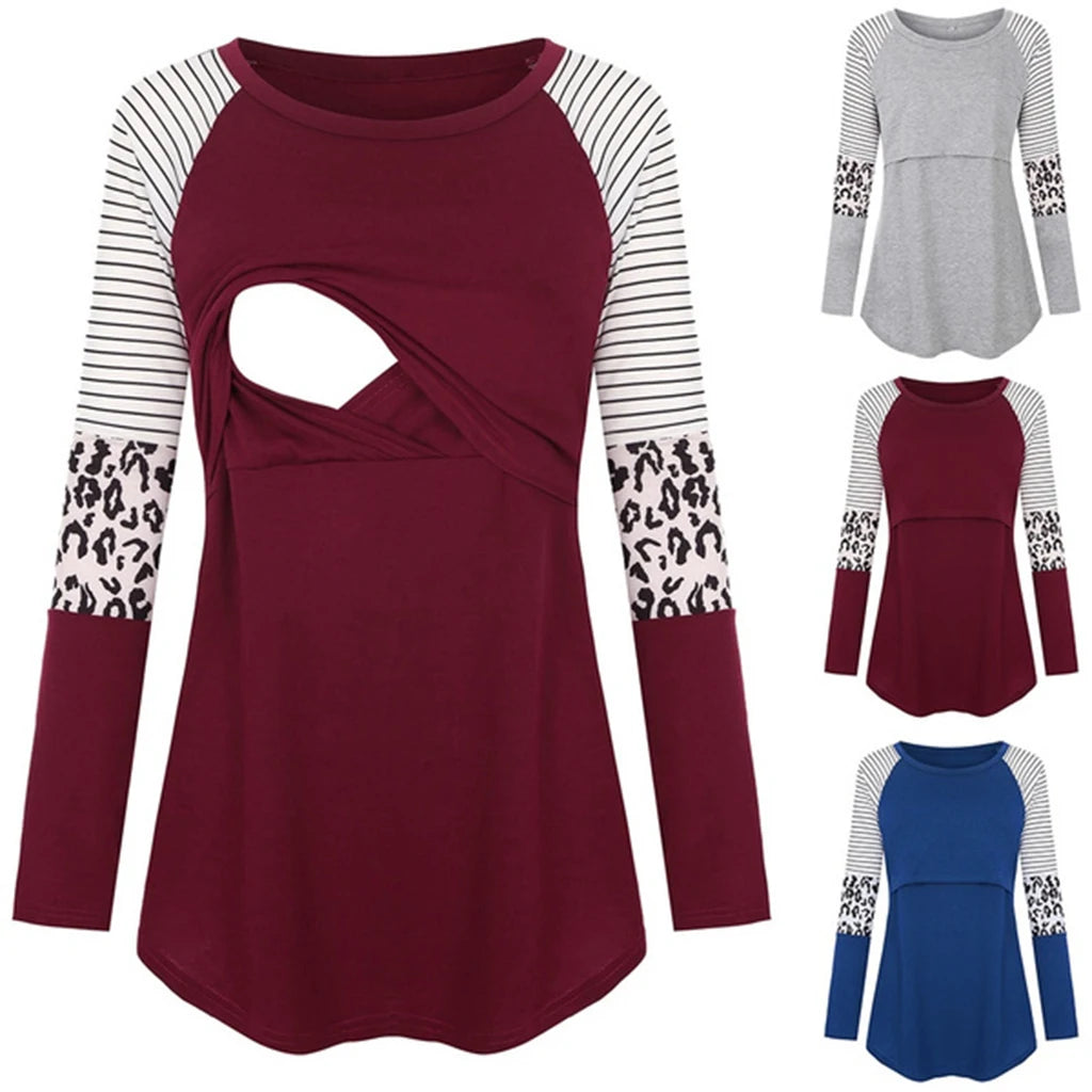 Women’s Maternity Nursing Top – Long Sleeve Patchwork Color Blouse for Breastfeeding