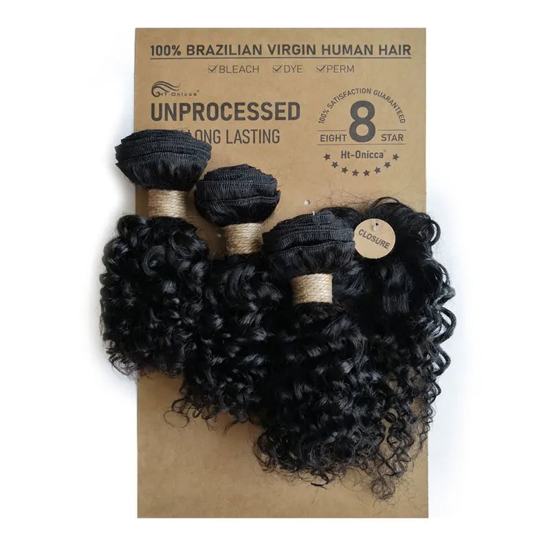 Kinky Curly Human Hair Bundles with Closure – Short Indian Hair Bundles with Circular Closure