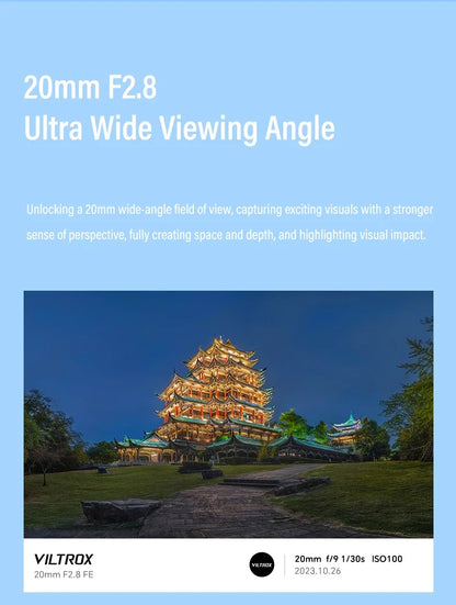Viltrox AF 20mm F2.8 Full Frame Lens – Ultra Wide-Angle Fisheye for Sony E ZVE10, A7, A7II, A7III, Nikon Z30, Z50