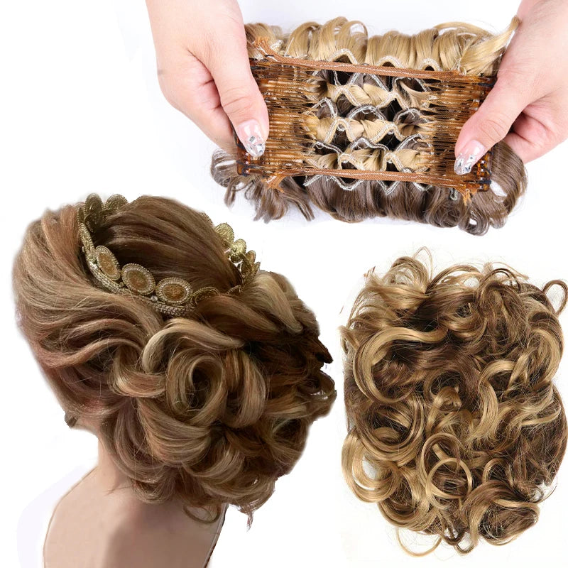 Short Messy Curly Hair Bun Extension – Easy Stretch Combs & Clip-in Ponytail Scrunchie Chignon for Hair Styling