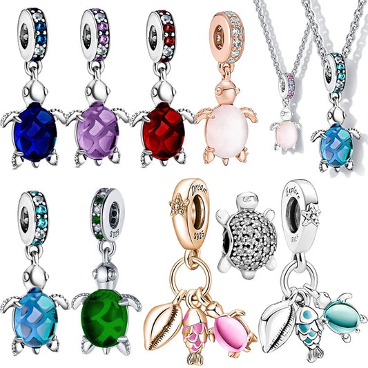 925 Silver Plated Murano Glass Sea Turtle Dangle Charm - Colorful Pink & Blue Jewelry for Women's Bracelet