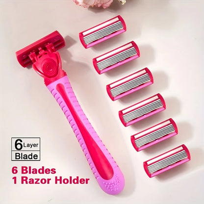 Women’s 6-Layer Manual Safety Razor Set – 1 Handle + 18 Stainless Steel Replaceable Blades