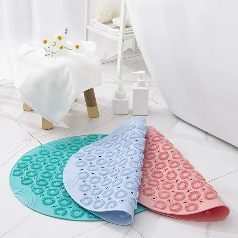 Round Non-Slip Shower Mat – Strong Suction Bath Mat with Drain Holes & Raised Massage Loops for Bathtub