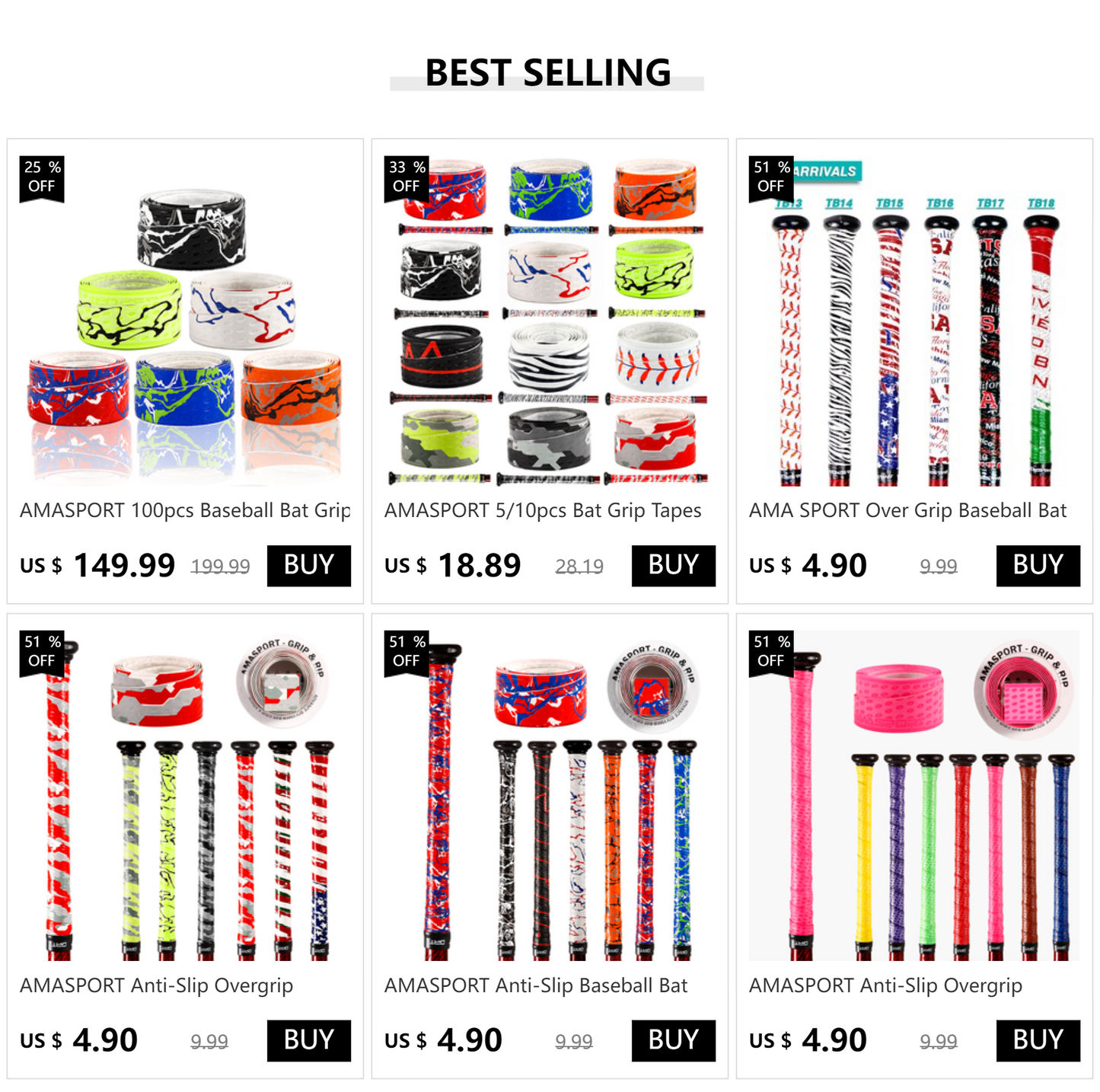 AMASPORT Baseball Bat Grip Tape – Anti-Slip Sweatband for Softball, 5/10/20pcs Sports Accessories