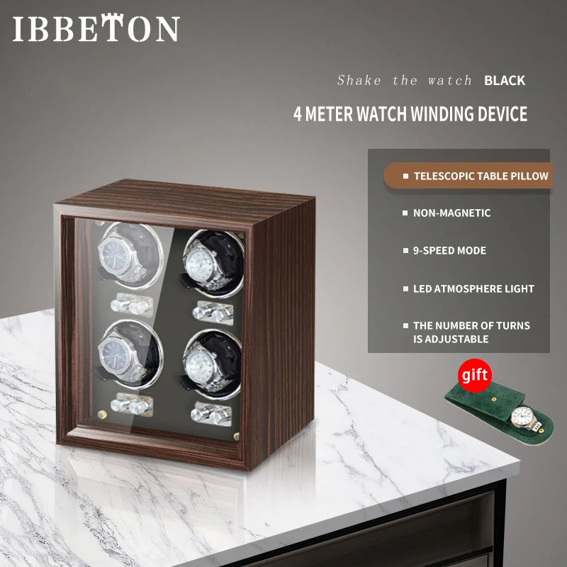 IBBETON Luxury Wood Watch Winder – High-End Automatic Watch Box (2/4/6 Slots) with Mabuchi Mute Motor & Storage Cabinet