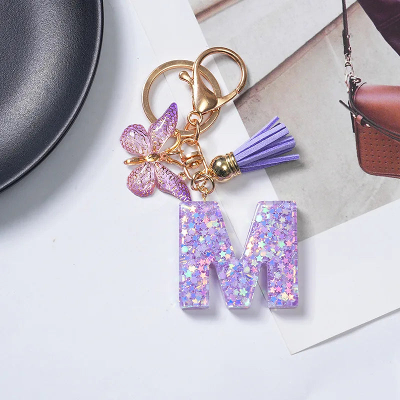 A-Z Initial Letter Sequin Keychain - Purple Butterfly Tassel Resin Keyring Backpack Charm Gift