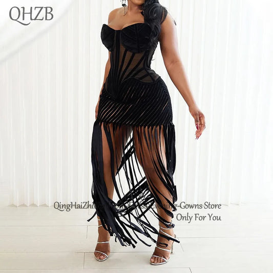 Customized Elegant Black Tassel Cocktail Dress – Women’s Sweetheart Long Prom Party Birthday Dress Summer 2025