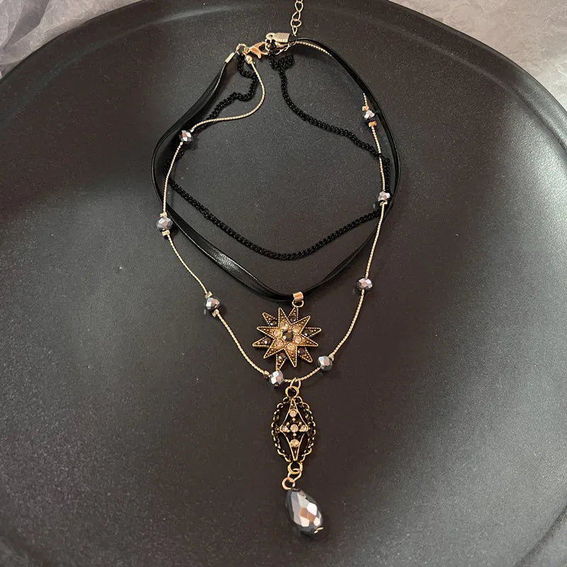 Vintage Natural Stone Pendant Necklace - Brown Geometric Long Leather Rope Chain Jewelry Gift for Women