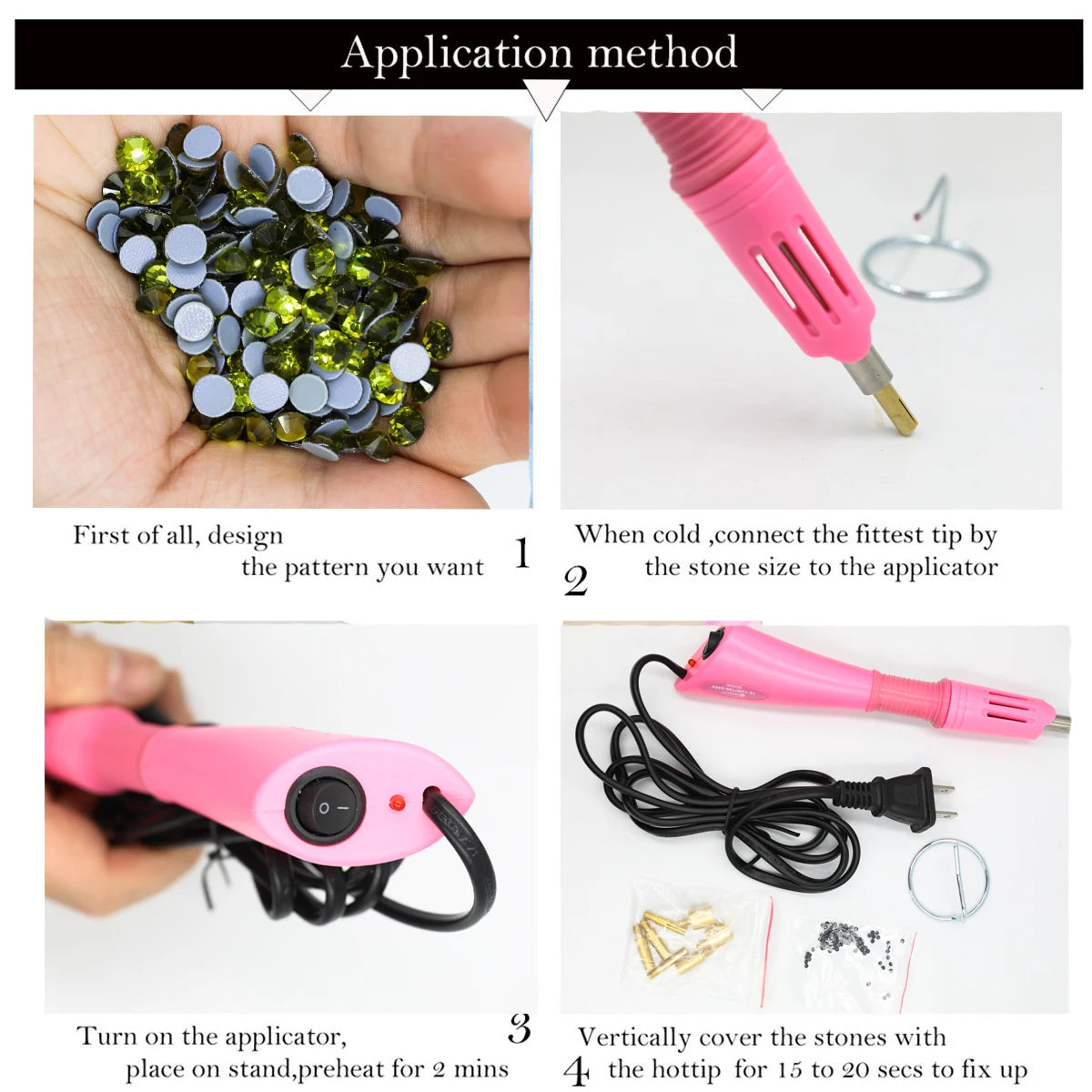 Fast Heated Hotfix Rhinestones Applicator Iron-on Wand - EU/US Plug Heat-fix Tool Gun - Mixed Size Glass Diamonds