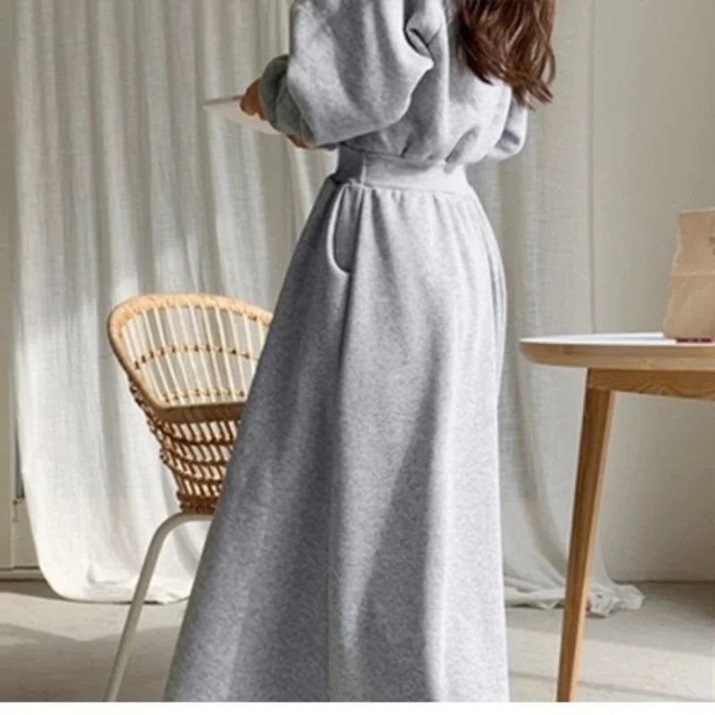 Women's Hooded Maxi Dress - Autumn Winter Long Sleeve Cotton Pullover A-Line Ribbed Dress