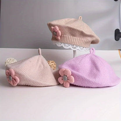 Flower Baby Beret Hat – Winter Warm Knitted Beanie for Infant & Toddler Girls, Korean Princess Artist Painter Cap Solid Color