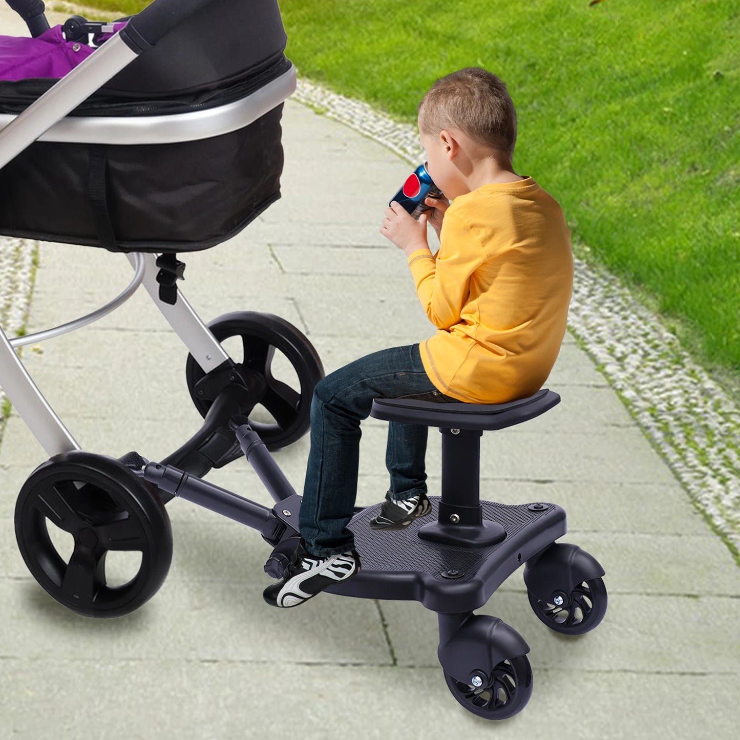 2-in-1 Universal Stroller Buggy Board with Detachable Seat – Pram Pedal Adapter for Kids, 25kg Load Capacity