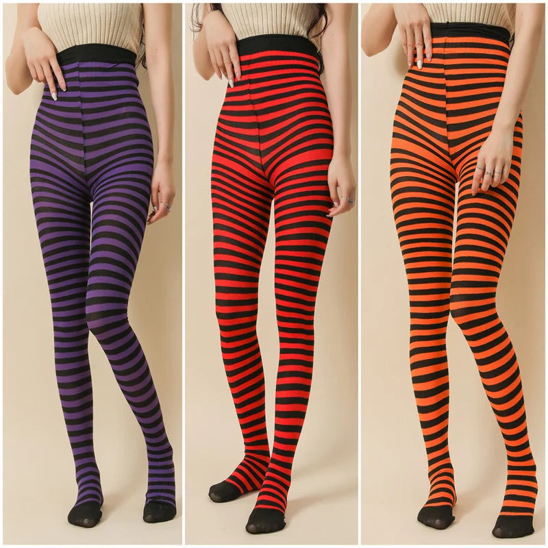 Goth Punk Women’s Rainbow Striped Pantyhose – High Waist Slim Leggings for Halloween Christmas Cosplay