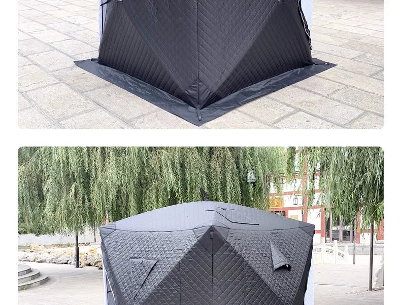 Outdoor 3-4 Person 4-Season Sauna House – Thickened Winter Ice Fishing Tent with Large Window & Chimney Mouth, Quick Open & Portable