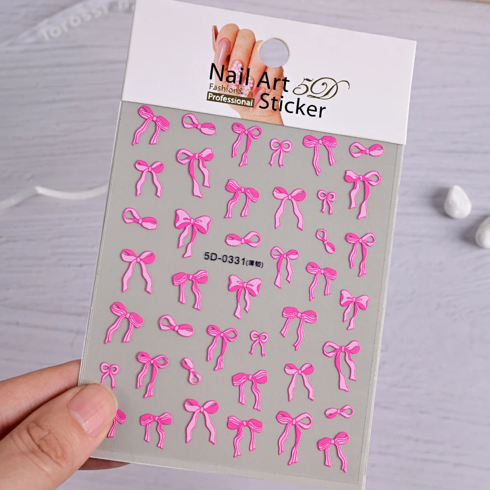 5D White Lace Bowknot Nail Art Stickers – Self-Adhesive Pearl Ribbon Luxury Nail Decals for DIY Manicure Decoration