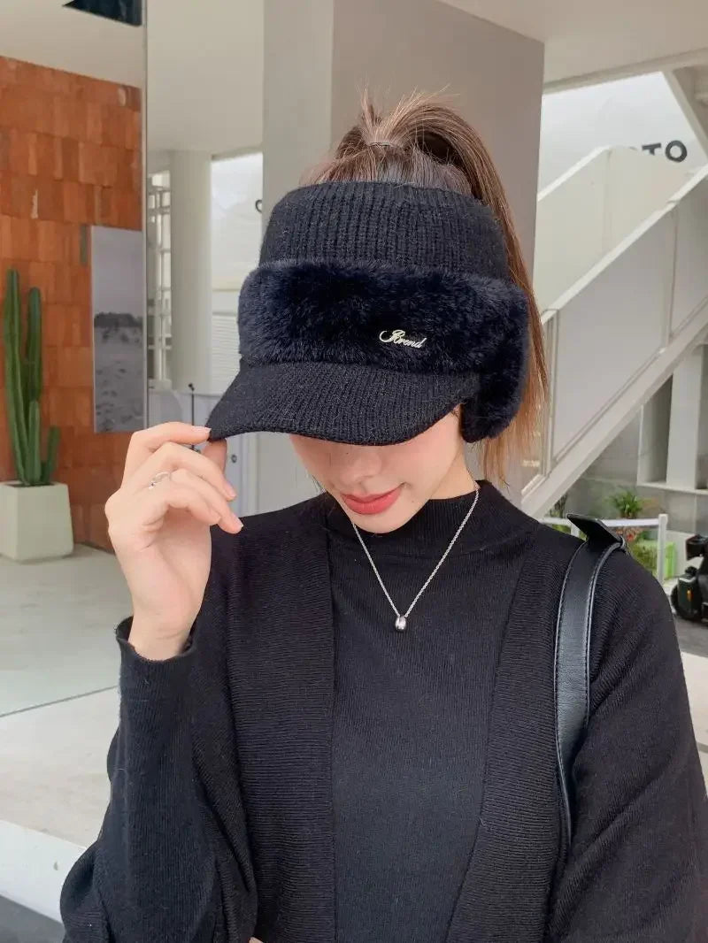 Winter Hats for Women 2023 – Fashionable Knitted Earflap Baseball Cap, Windproof Ponytail Visor for Outdoor Sports