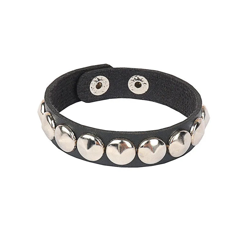 90s Punk Style Bracelet – PU Leather with 3 Rows of Spikes & Square Studs, Fashion Bangle for 2024