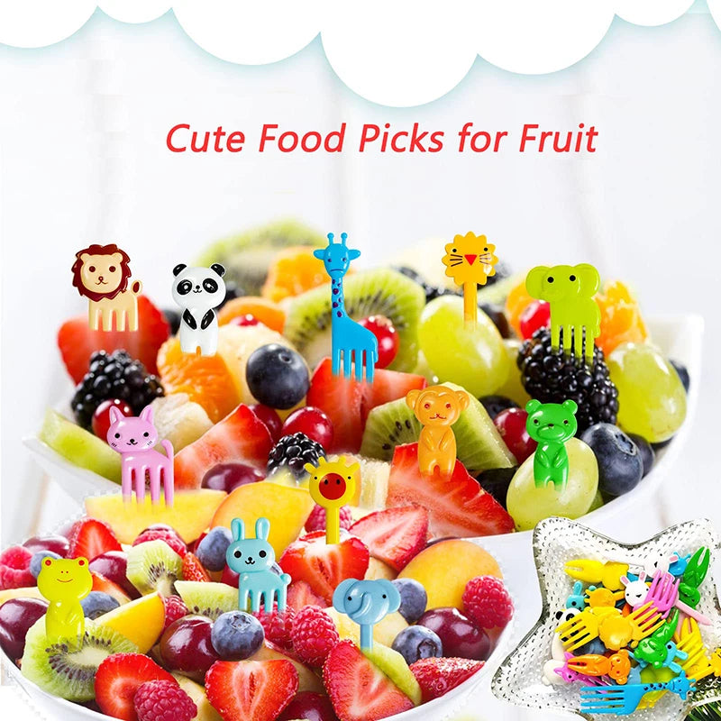 Adorable Mini Food Picks for Kids: Animal Cartoon Forks with Cutter and Silicone Lunch Box Dividers - Perfect for Snacks, Cakes, and Fruits