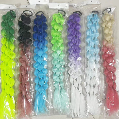 Colorful Bubble Braid Ponytail Extension – Long Lantern Braided Synthetic Hairpiece with Tie