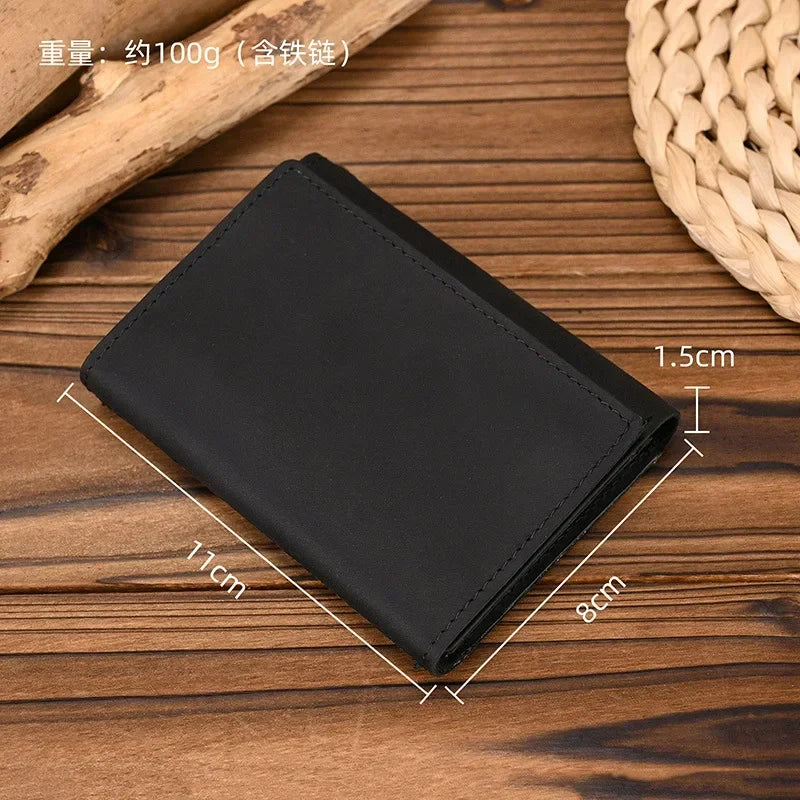 Men’s Genuine Leather Short Wallet with Chain – Trifold Zipper Clutch, Card Holder & Coin Purse