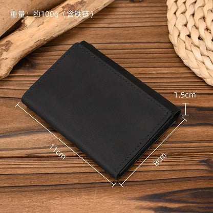 Men’s Genuine Leather Short Wallet with Chain – Trifold Zipper Clutch, Card Holder & Coin Purse
