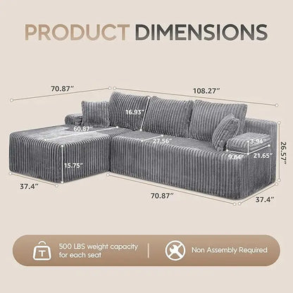 Modular L-Shaped 3-Seat Sectional Sofa — Memory Foam, Deep Seating & Storage