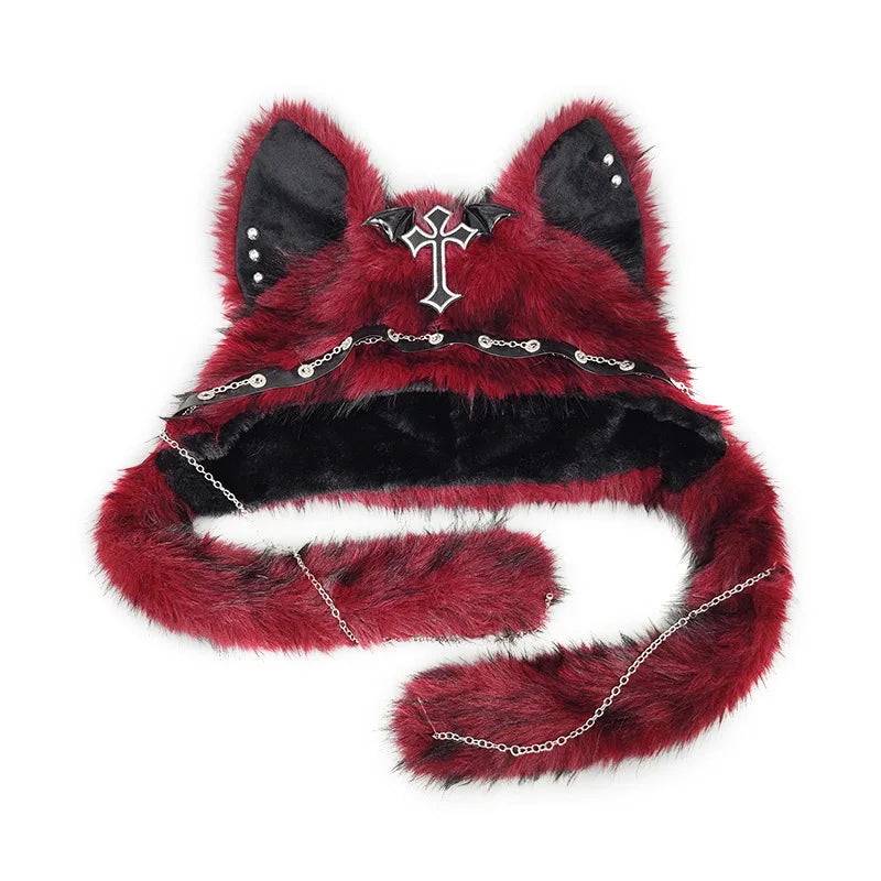 Dark Series Gothic Cat Ear Plush Hat — Y2K Cross Metal Style Cosplay Punk Rock Warm Cap for Men, Women & Kids