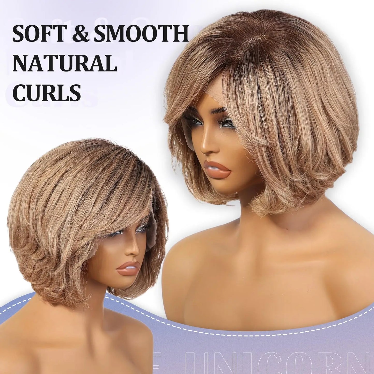 100% Remy Human Hair Transparent Lace Frontal Wig – Short Wavy Ash Brown Ombre Pixie Cut for White Women