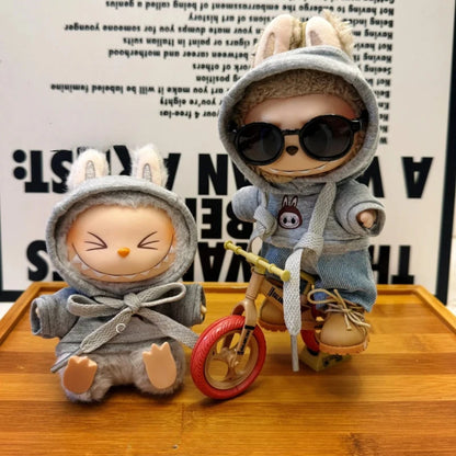 15/17cm Labubu Doll Printed Cycling Hoodie & Jeans Outfit | Stylish Labubu Doll Clothes & Decoration