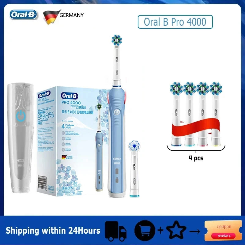 Oral-B Pro 4000 Electric Toothbrush – 3D Action Daily Clean with Pressure Sensor, 4 Modes, Gum Care, Waterproof & Rechargeable