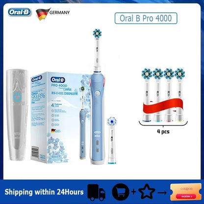 Oral-B Pro 4000 Electric Toothbrush – 3D Action Daily Clean with Pressure Sensor, 4 Modes, Gum Care, Waterproof & Rechargeable