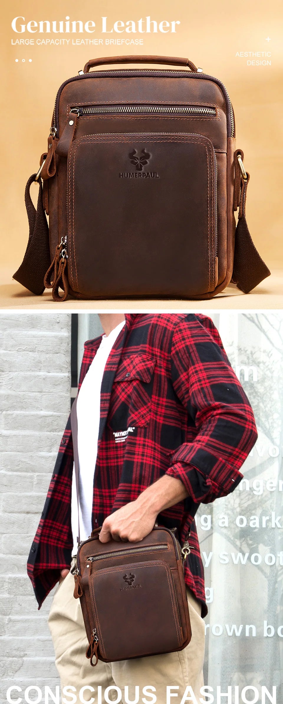 HUMERPAUL Genuine Leather Men's Shoulder Bag – Vintage Crossbody, Large Capacity Messenger Tote for Travel