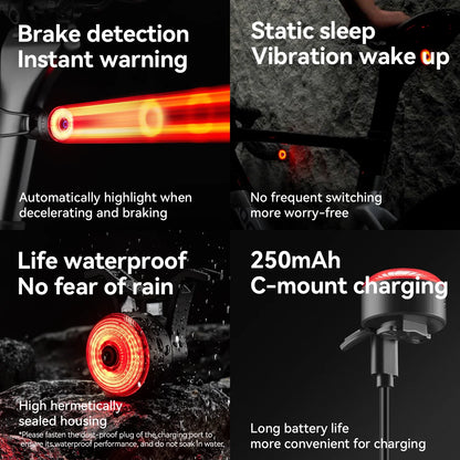 ROCKBROS Bicycle Handlebar End Lights – IPX6 Waterproof Rear Bike Lamp with 5 Modes & Brake Sensor